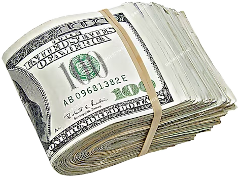 A rubber banded stack of one hundred dollar bills
