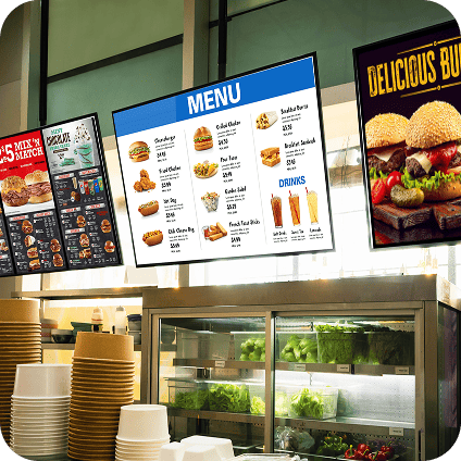 Indoor digital menu boards above a service counter
