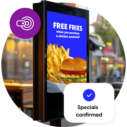 A freestanding outdoor digital menu board showing a promotion