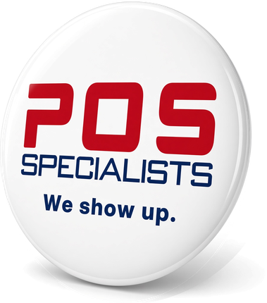 A POS Specialists enamel pin badge reading We show up.